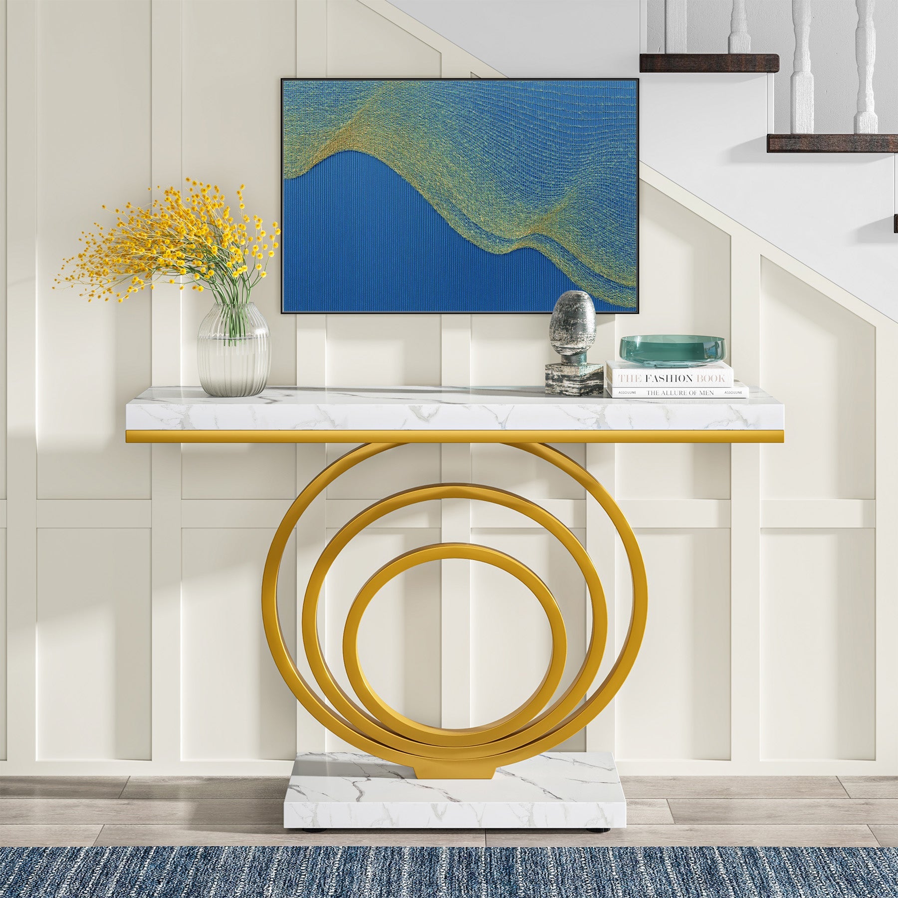 Faux Marble Console Table, 41" Entryway Sofa Table with Gold Ring Base Tribesigns